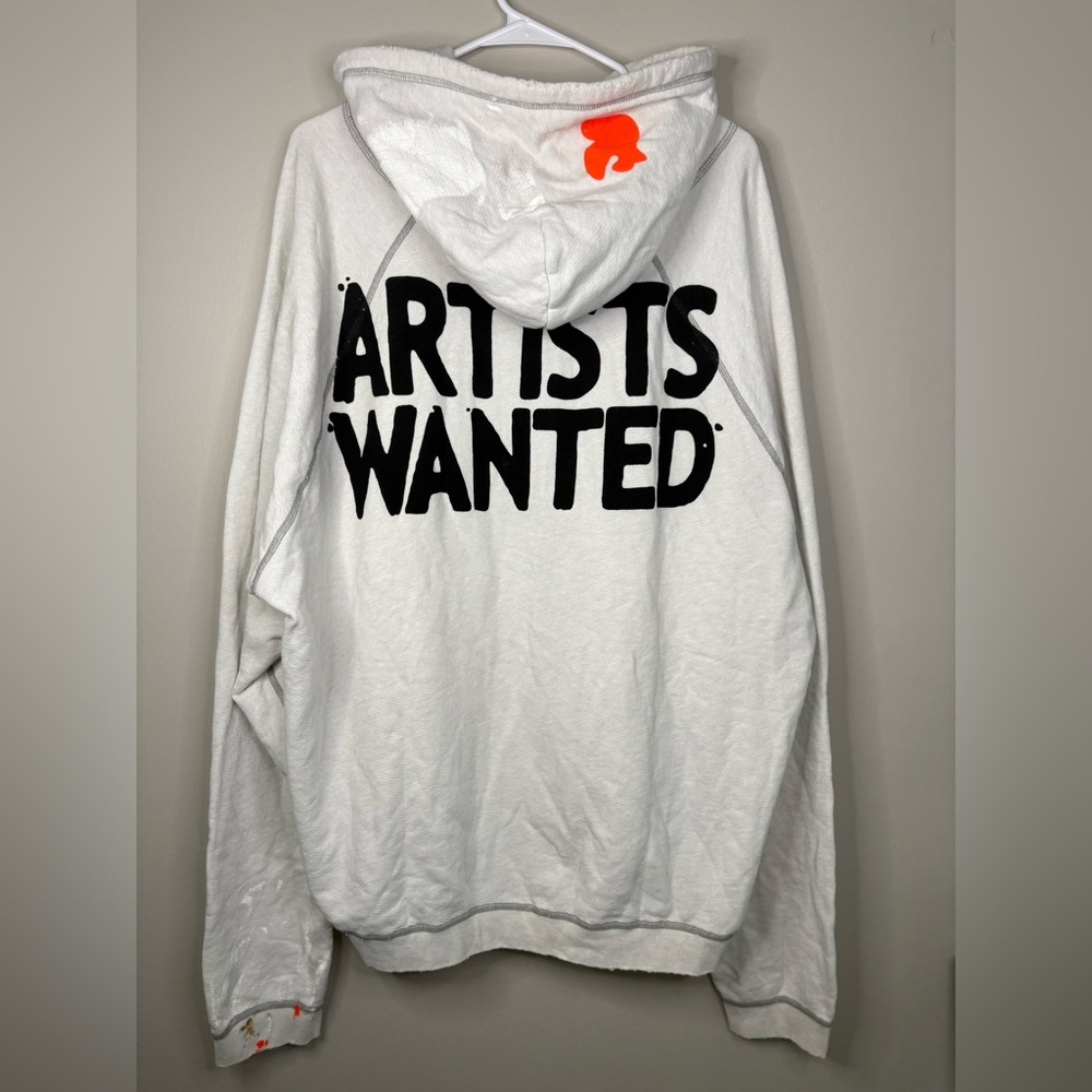 freecity White Hoodie with Black "ARTISTS WANTED" Text and Orange Accent